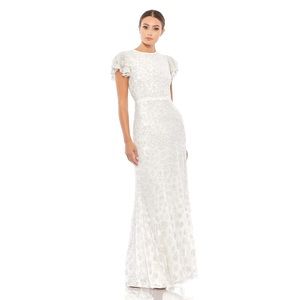 Mac Duggal HIGH NECK FLUTTER CAP SLEEVE GOWN